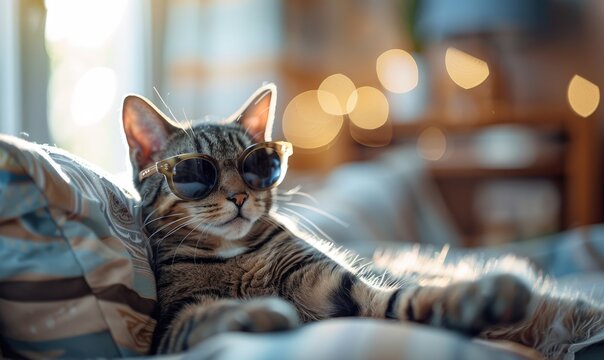 Cute tabby cat wearing sunglasses lying on bed at home.