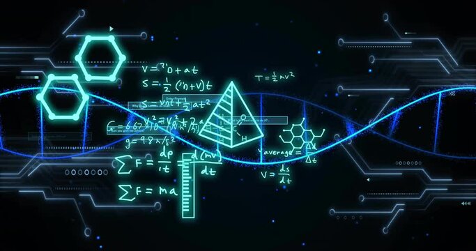 Animation of dna strand over mathematical equations and figures