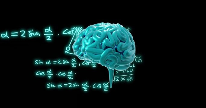 Animation of spinning brain over mathematical equations and figures