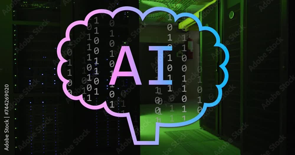 Poster animation of ai text and brain icon over binary data processing and server room