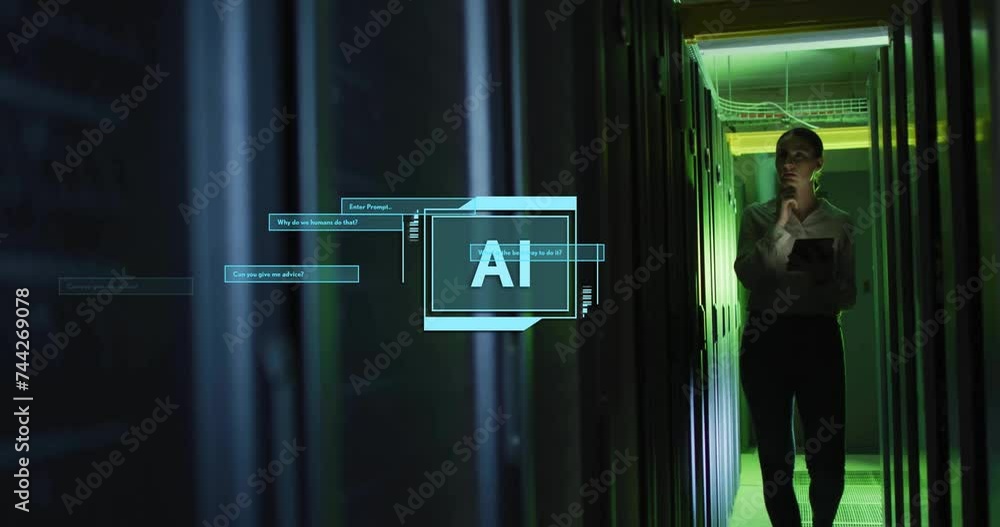 Poster animation of ai text, data processing over caucasian female engineer by computer servers