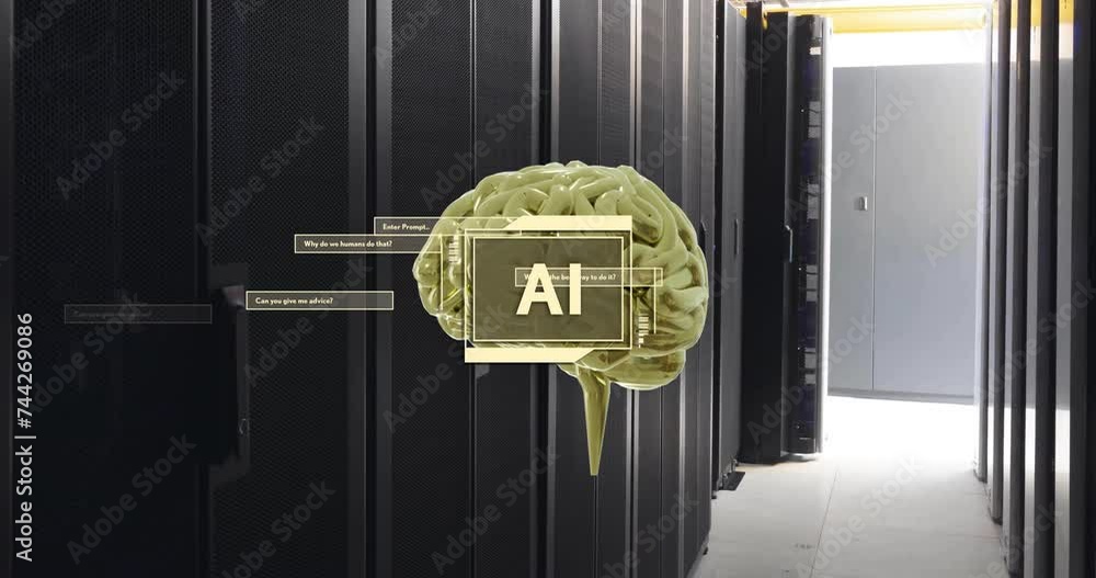 Poster Animation of ai text, brain and data processing over computer servers