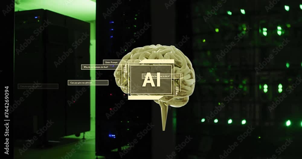 Poster animation of ai text, brain and data processing over computer servers