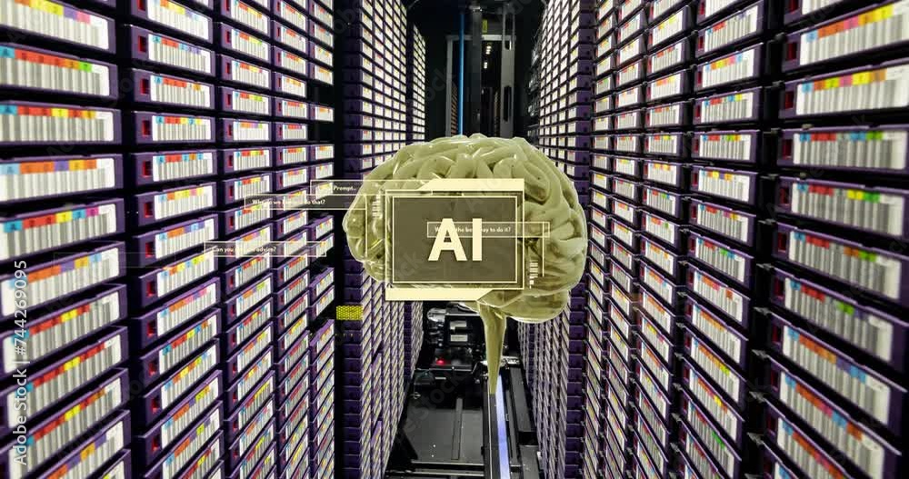 Poster animation of ai text, brain and data processing over computer servers
