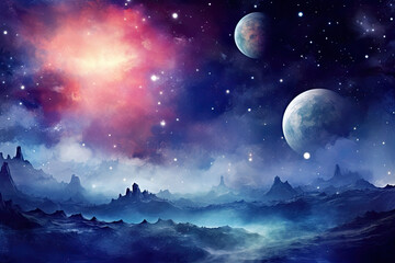 Alien Planets and Galaxy, Moonlit Night Landscape. Science Fiction Background Wallpaper