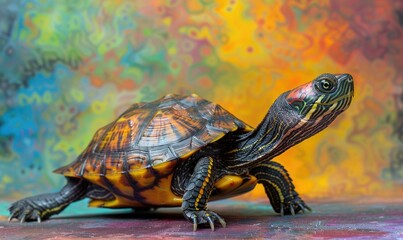Fototapeta premium turtle on colorful background closeup, space for text