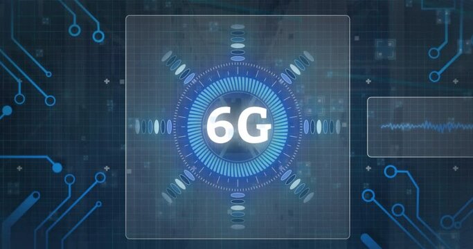 Animation of 6g text on circular scanner processing data over motherboard network and server room - Powered by Adobe