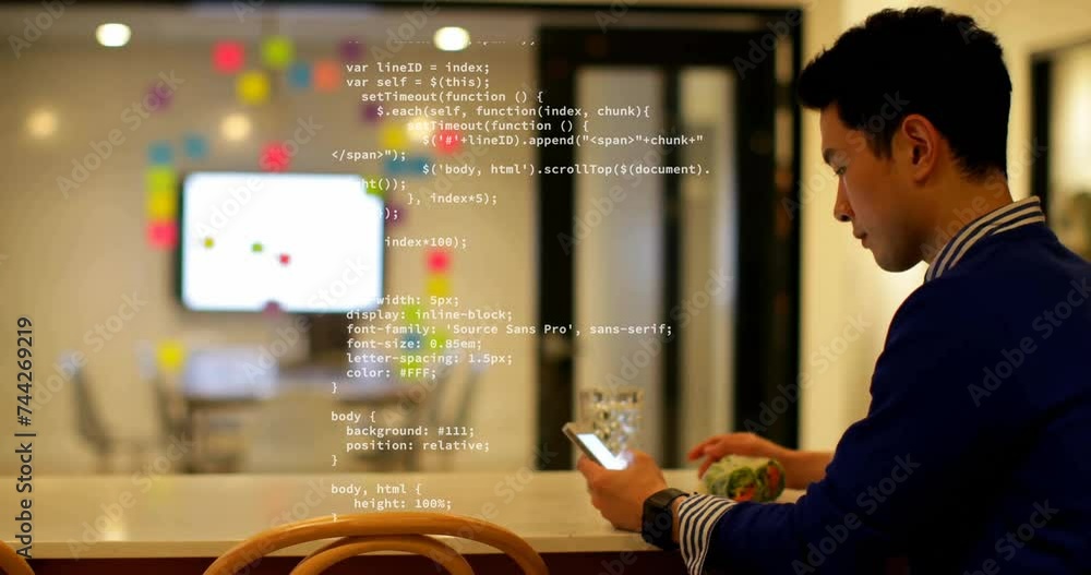 Poster animation of data processing over asian businessman using smartphone