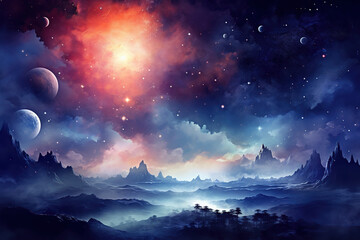 Alien Planet Landscape, View of Another Planet with Stars and Nebula. Science Fiction Cosmic Background Wallpaper - obrazy, fototapety, plakaty