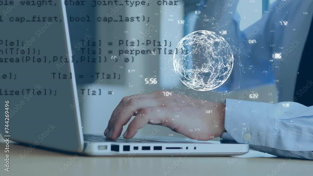 Poster animation of globe and data processing over caucasian businessman using laptop