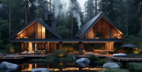 A Sleek Modern Home Surrounded by the Dense Canopy of a Deep Forest - obrazy, fototapety, plakaty
