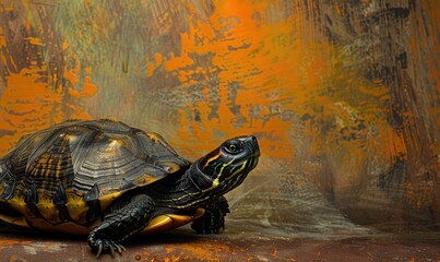 turtle on the background of an grunge orange wall. close-up