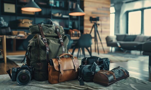 Backpack and camera on table. Travel and adventure concept.