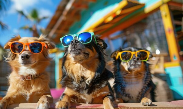 three chihuahua dogs in sunglasses on the beach in summer. Dogs in sunglasses. Travel and tourism
