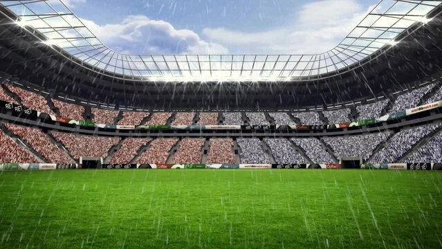 Animation of snow falling over spectators in stands at sports stadium with grass pitch