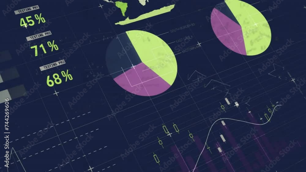 Poster animation of financial data processing over dark background
