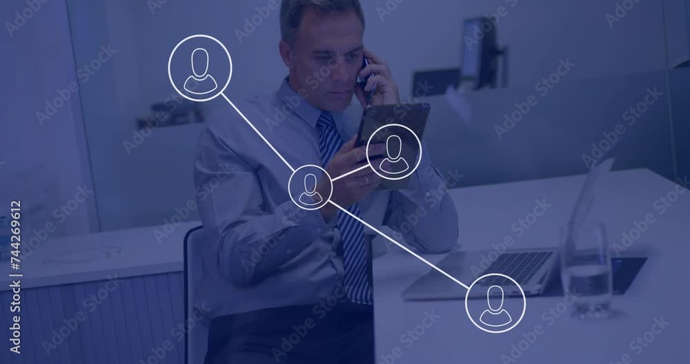 Poster animation of icons and data processing over biracial businessman using smartphone