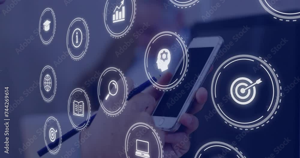 Poster animation of icons and data processing over caucasian businesswoman using smartphone