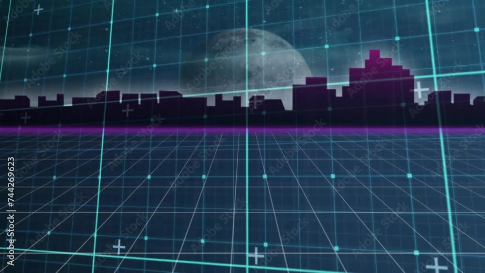 Poster animation of globe and data processing over cityscape and grid