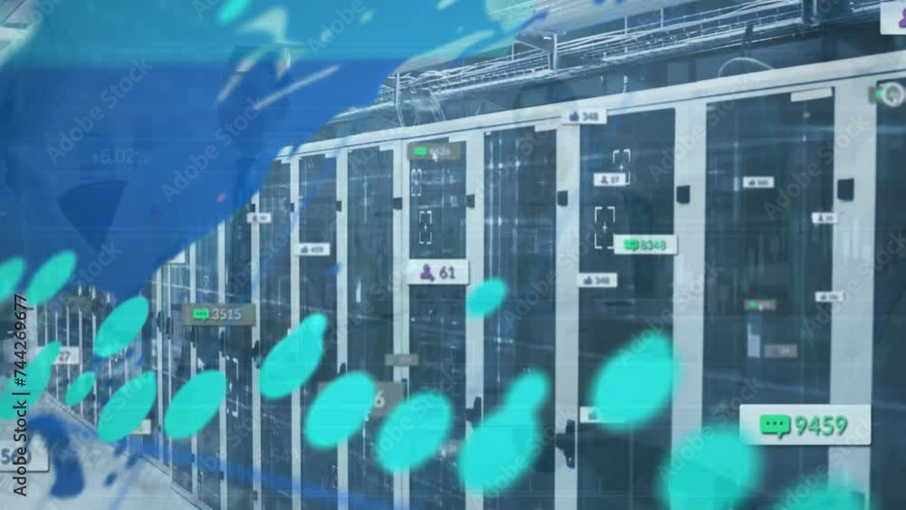 Poster animation of data processing and world map over server room