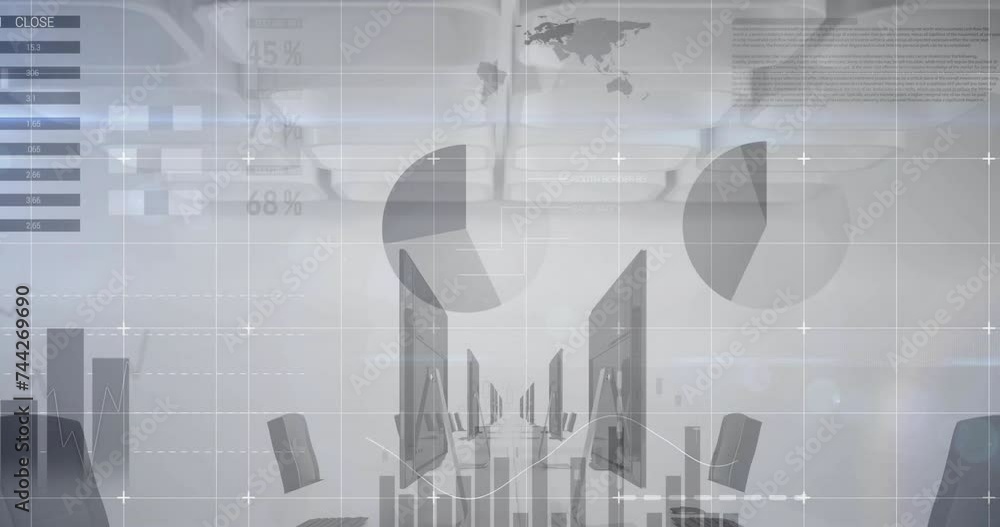 Poster animation of financial data processing over desk with computers on white background