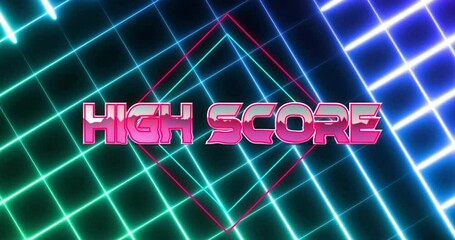 Animation of high score text over neon lines on black background - Powered by Adobe