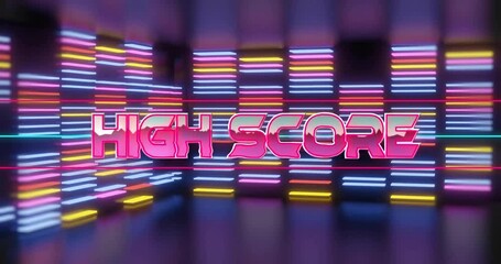 Animation of high score text over neon columns on black background - Powered by Adobe