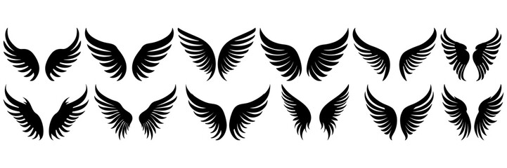 Angel wings silhouettes set, large pack of vector silhouette design, isolated white background