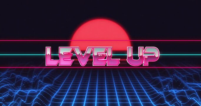 Animation of level up text over digital waves and sun on black background