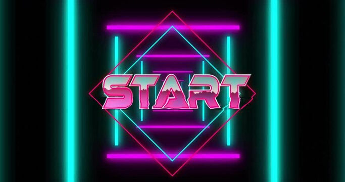Animation of start text over neon tunnel on black background
