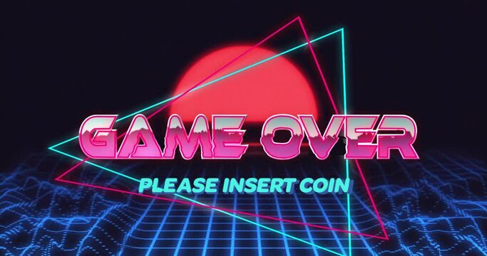 Animation of game over text over digital waves and sun on black background