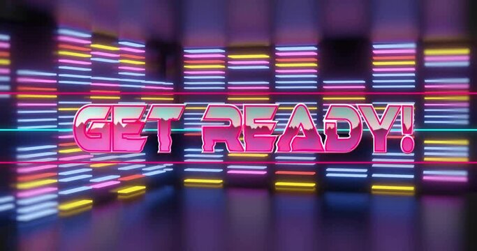 Animation of get ready text over neon columns on black background
