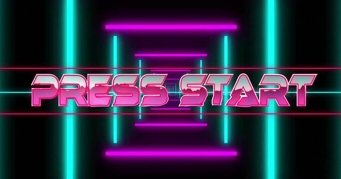 Animation of press start text over neon tunnel on black background