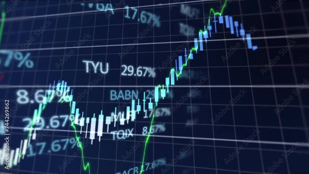 Poster animation of financial data processing on black background