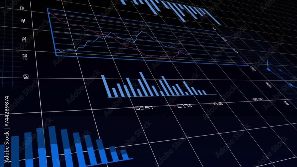 Poster animation of financial data processing on black background