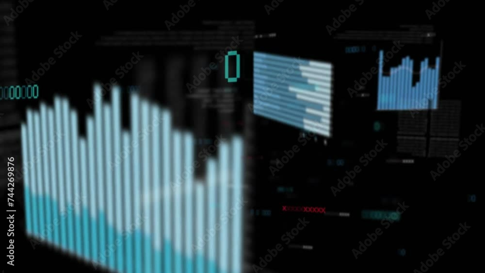 Poster animation of financial data processing on black background