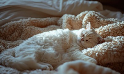 Fototapeta na wymiar Cute cat sleeping on bed at home. Fluffy pet relaxing in bed.