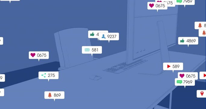 Animation of social media icons with numbers over desk with computer on blue background