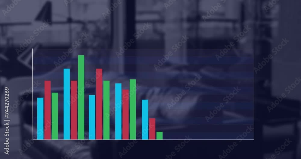 Poster animation of financial data processing over empty office