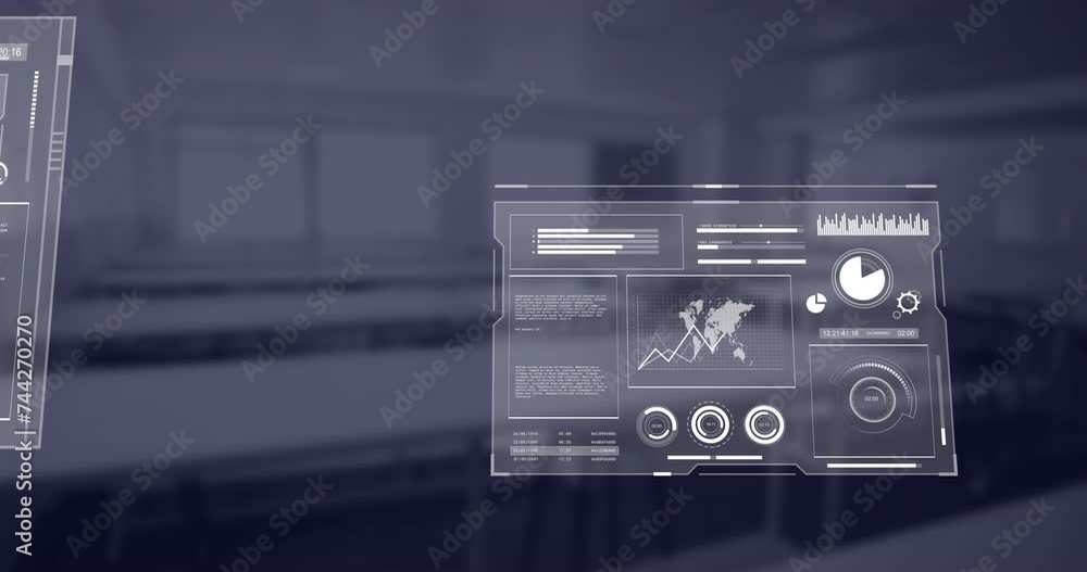 Poster animation of financial data processing over empty office