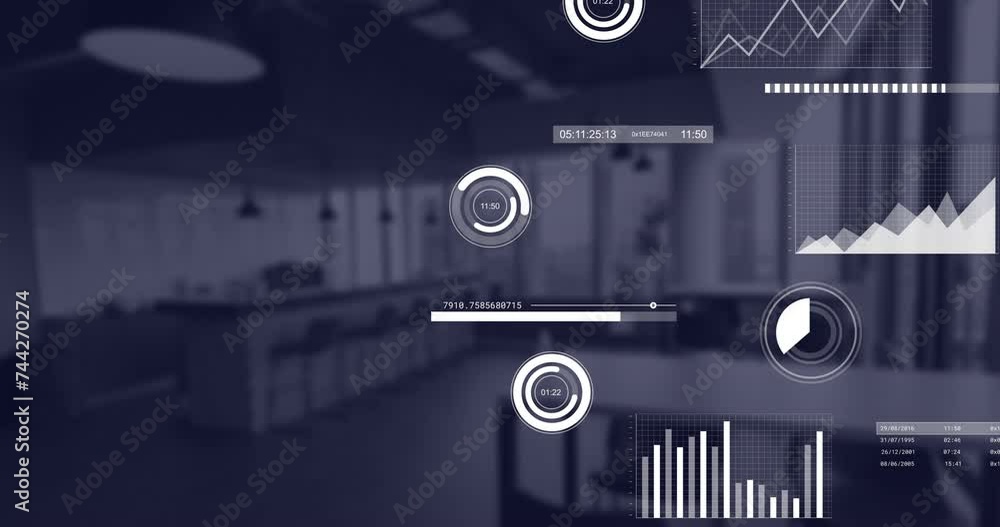 Poster animation of financial data processing over empty office
