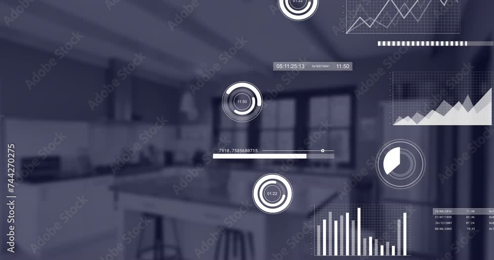 Poster animation of financial data processing over empty office