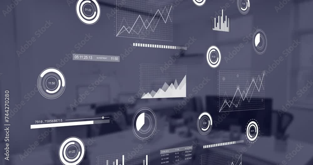 Poster animation of financial data processing over empty office