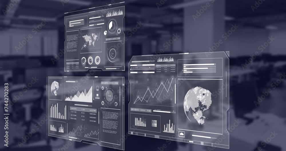 Poster animation of financial data processing over empty office