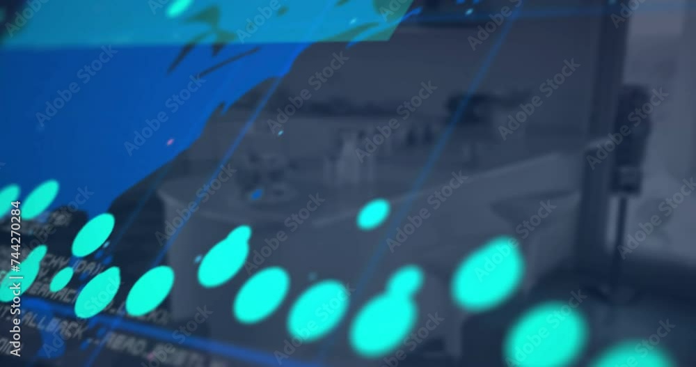 Poster animation of financial data processing over empty office