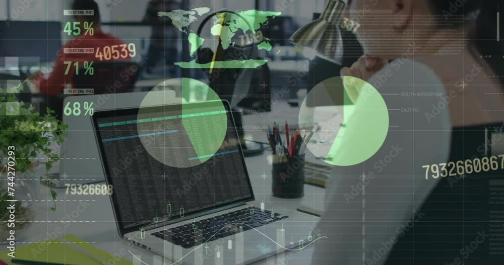Aufkleber animation of financial data processing over caucasian businesswoman using computer in office
