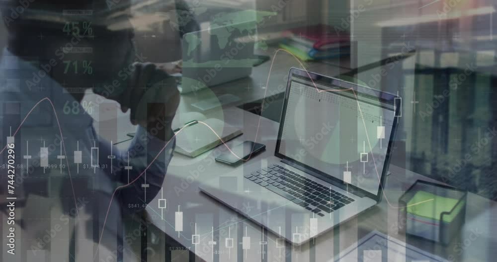 Poster animation of financial data processing over african american businessman using computer