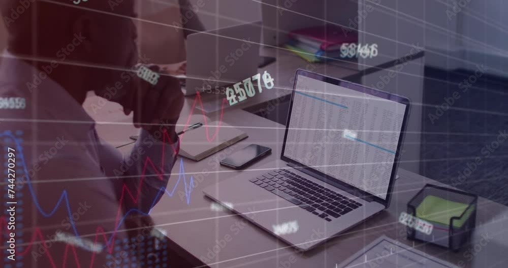 Aufkleber animation of financial data processing over african american businessman using computer