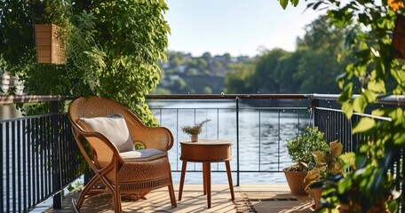 Fototapeta premium Soothing Riverside View - A Calm Balcony Setting with a Wooden Table and Comfortable Chair Amidst Greenery