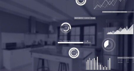 Animation of financial data processing over empty office - Powered by Adobe